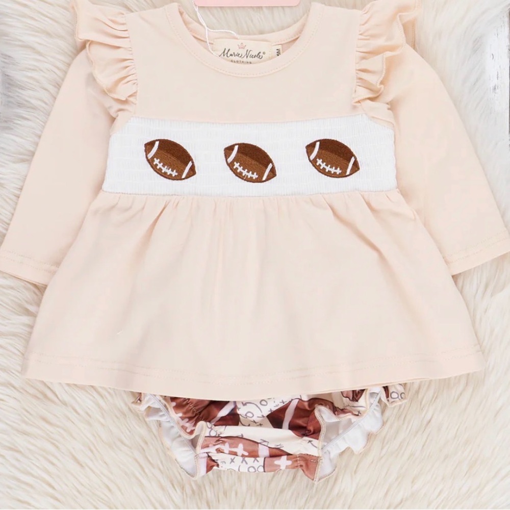 Marie Nicole Tan Football Time Smocked Bloomers Outfit